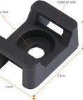Close-up of 100 Pack Cable Tie Mounts with M5 Screw Holes in black nylon, showing dimensions and flat surface for wire management.