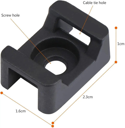 Close-up of 100 Pack Cable Tie Mounts with M5 Screw Holes in black nylon, showing dimensions and flat surface for wire management.
