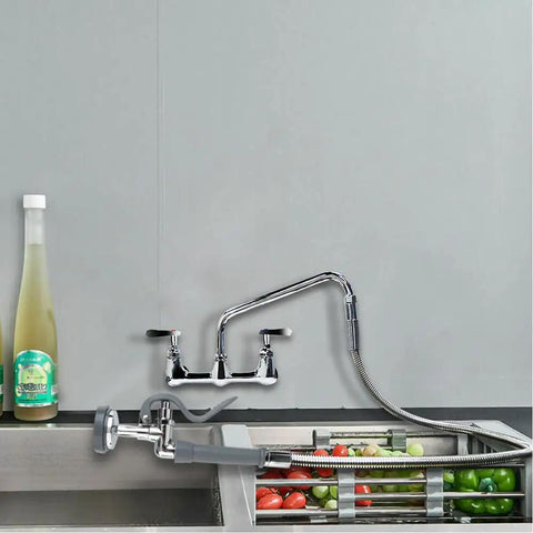 Commercial Sink Sprayer Valve With 44 Inch Hose Replacement Kit installed in professional kitchen setup with vegetables in sink