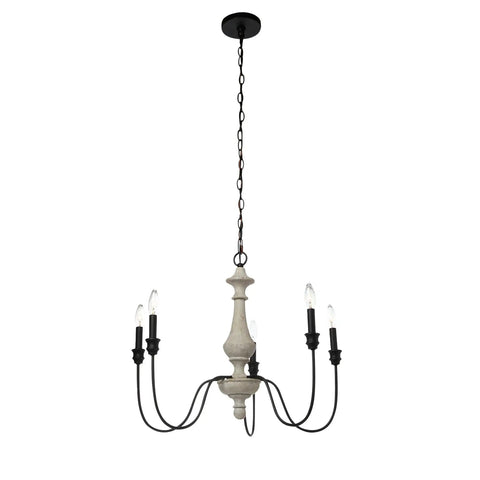 Magnolia Five Light Chandelier In White Washed Wood And Matte Black Metal Finish With Exposed Bulbs, front view, hardwired fixture