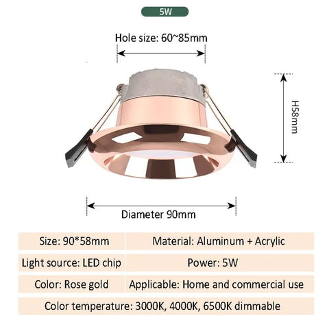saditesdk 15 Pack Recessed Lighting Housing Trim Kits Rose Gold Led Ceiling Lamp Anti-Glare Led Downlights 5W 3000K/ 4000K/ 6000K Dimmable Led Recessed Downlights Indoor Decoration overhead view of rose gold downlight with aluminum and acrylic body