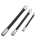 Three chrome flexible socket extension bars with 360 swivel shaft, part of the Flexible Socket Extension Bar Set, 3 Piece Long Reach Ratchet Adapter