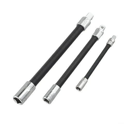 Three chrome flexible socket extension bars with 360 swivel shaft, part of the Flexible Socket Extension Bar Set, 3 Piece Long Reach Ratchet Adapter