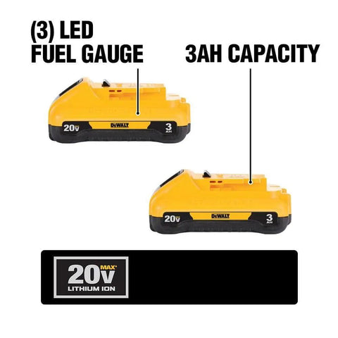 20V Max Battery Pack 3.0Ah, 2-Pack With LED Fuel Gauge, side view with capacity and fuel gauge highlighted, Model DCB230-2