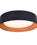Flush Mount LED Ceiling Light 13 Inch With Matte Black Finish And Wood Accent, 3000K Warm White, Dimmable 18W, front view.