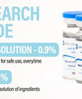 Reconstitution Solution For Research Only In A Two Pack Of Ten Milliliters Glass Vials With Zero Point Nine Percent Benzyl And Ninety Nine Point One Percent Distilled Water Lab Grade Purity Made In USA with focus on vial labels and product details.