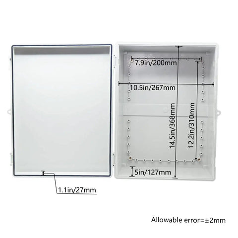 Open Beefy ABS Junction Box IP65 Waterproof Outdoor Electrical Enclosure showing internal dimensions in gray, size 390x290x160 mm