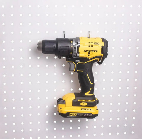 Six Pack Heavy Duty Pegboard Drill Holder Set With Rubber Coated Tool Hooks For Drills And Power Tools Keeps Garage Or Shed Neat And Within Easy Reach holding a power drill on pegboard