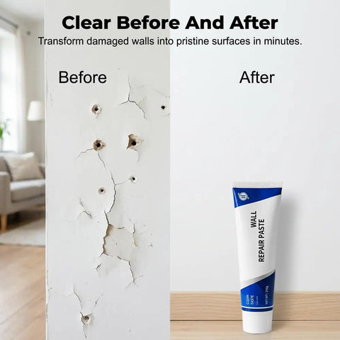 Before and after image with Wall Repair Paste Kit for Cracks and Holes with Quick Drying Formula used on damaged wall.