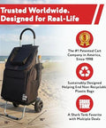 Bigger Trolley Dolly Foldable Black Shopping Cart on beach, durable design, 41” tall, 16” wide, accolades and sustainability features highlighted.