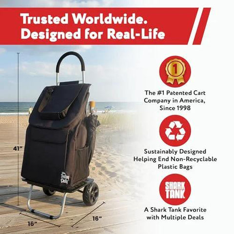 Bigger Trolley Dolly Foldable Black Shopping Cart on beach, durable design, 41” tall, 16” wide, accolades and sustainability features highlighted.