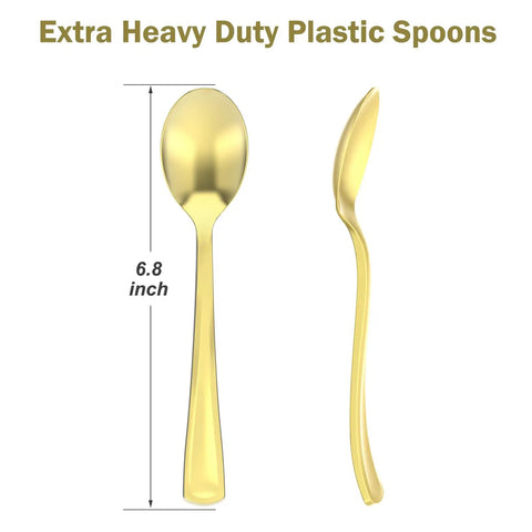 Heavy Duty Gold Plastic Spoons Disposable BPA Free Heat Resistant Premium Solid Design 100 Count Party Supplies Bulk