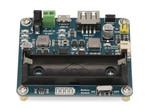 Plug And Play Solar Power Management Module For 6 Volt To 24 Volt Panels With MPPT Battery Charging USB And Pinheader Outputs DC 002 Jack Or Screw Terminal Input Onboard Power Switch For Efficient Solar Power, top view with connections visible.