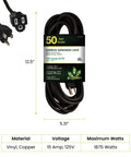50 Foot Heavy Duty Extension Cord 14 Gauge 3 Wire Black Outdoor SJTW Rated with molded plugs and packaging details.