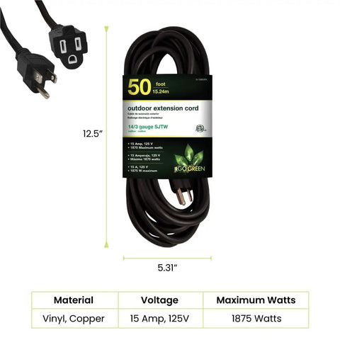 50 Foot Heavy Duty Extension Cord 14 Gauge 3 Wire Black Outdoor SJTW Rated with molded plugs and packaging details.