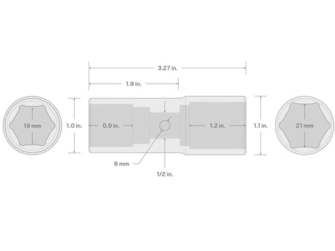 Diagram of 1/2 Inch Drive Flip Socket 19 x 21 mm Deep Thin Wall Impact Socket For Wheel Service With Reversible Flip Design Quick Size