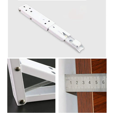 Rock Solid Heavy Duty Collapsible Shelf Brackets Hella Sturdy Foldable Metal Wall Mounts For Workbenches And Sinks Rust Resistant Pack Of Two No Sweat 65kg Capacity White Finish detailed view of white metal spring-loaded bracket in use with measurements