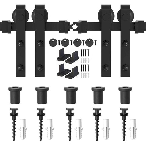 6.6Ft Black Barn Door Hardware Kit For Double Sliding Doors, Carbon Steel Heavy Duty Track System With J-Shape Hangers