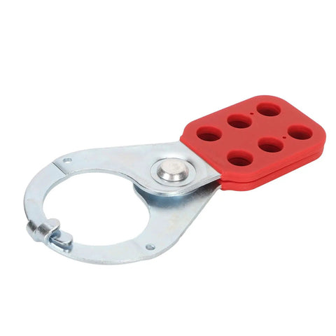 Heavy Duty Nylon Locking Deadbolt With Six Hole Labeling System, Rust Proof Construction, Red And Silver Finish, shown side view