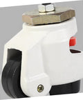 Heavy Duty Swivel Casters Four Pack Roll Smooth On Hardwood Floors Top Shelf Industrial Wheels For Workbenches Machinery With Adjustable Leveling Plates close-up of nylon wheel and aluminum bracket