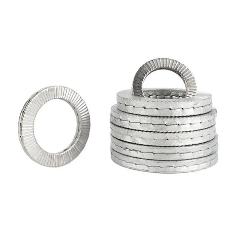 Rock Solid Wedge Lock Washers M20 Size 304 Stainless Steel stacked and displayed for heavy duty use in fastening applications.