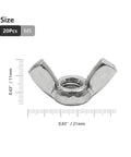 20 Pack M5 Stainless Steel Wing Nuts For Hardware Projects, Rust Resistant Butterfly Nuts For Quick Hand Tightening shown with measurements