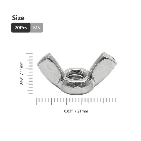 20 Pack M5 Stainless Steel Wing Nuts For Hardware Projects, Rust Resistant Butterfly Nuts For Quick Hand Tightening shown with measurements