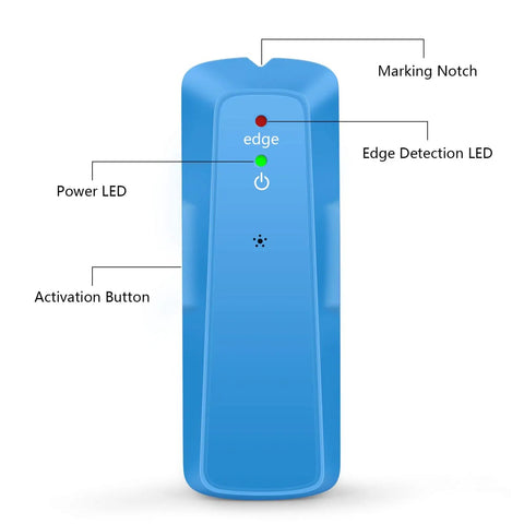 Culnflun Stud Detector Wall Stud Finder showing features like activation button, power LED, and marking notch in blue.