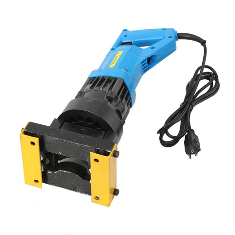 Get Ready To Slash Through Steel Like A Pro With This Bad Boy Power Tool. Heavy Duty Hydraulic Angle Cutter angled view, blue and yellow.