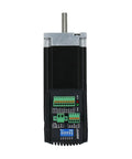 Front view of NEMA23 integrated stepper motor with driver; black aluminum housing, silver shaft, green terminal blocks at base