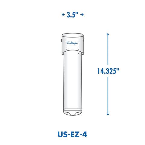 Illustration of a replacement filter for under sink water filtration system with dedicated chrome faucet four EZ change filters.