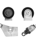 Thinking Process: serpentine drive belt tensioner pulley kit with metal bracket, front and side views