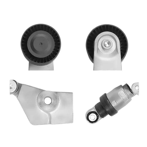 Thinking Process: serpentine drive belt tensioner pulley kit with metal bracket, front and side views