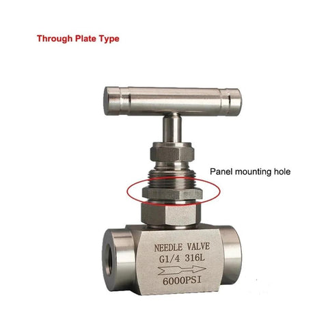 Needle valve, through-plate type, 316L stainless steel, G1/4 female thread, panel mounting hole, 6000 psi