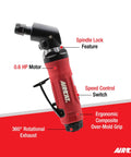 Pro-Level.6 HP Angle Die Grinder showcasing spindle lock feature, ergonomic grip, speed control, and 360° rotational exhaust.