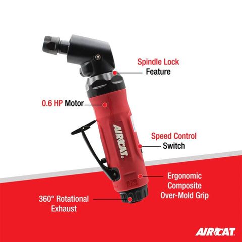 Pro-Level.6 HP Angle Die Grinder showcasing spindle lock feature, ergonomic grip, speed control, and 360° rotational exhaust.