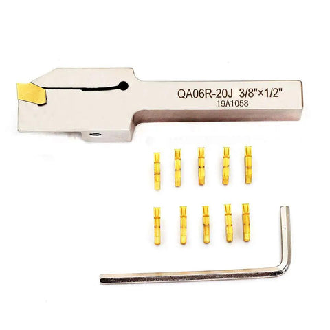 Heavy Duty Nickel Plated Right Hand Indexable Lathe Parting Grooving Holder With GTN 2 QC1402 Carbide Inserts And 10 Pieces Cut Off Tool Shank Size One Half By Three Eighths Inch For Precise Depth Of Cut And Center Height Built For Tough Jobs