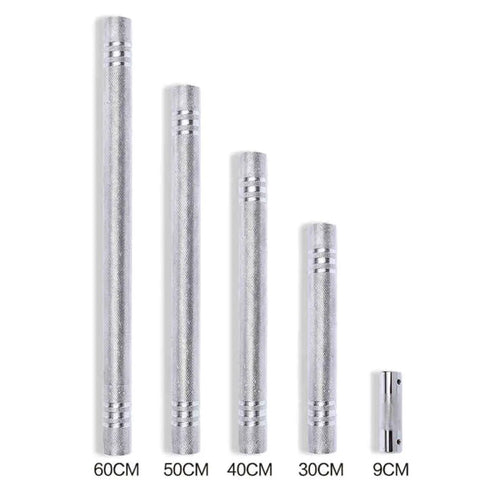 Dumbbell To Barbell Connector Rod, Silver Steel Tube With Ultra Precision Thread Design in five sizes, 60cm to 9cm, for home gym.