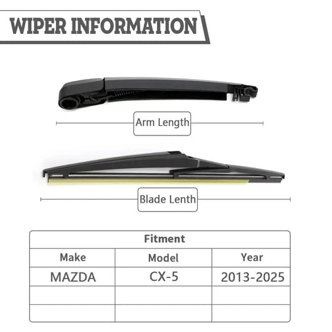 Rear Wiper Arm Kit With Blade Cap Nut And Wrench For Mazda CX5 2013 Through 2025 Easy Install Replacement Includes Tools Specs