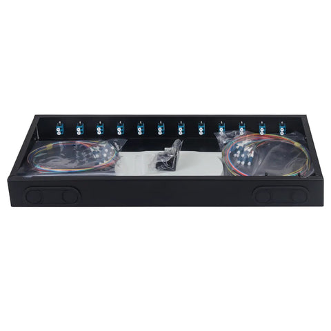Snap On 24 Fiber Rack Mount Optical Distribution Enclosure Box With LC UPC Adapters For OS2 Single Mode Cables showing pigtails and couplers.