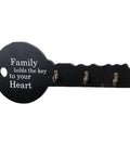 Old School Key Shaped Wall Mounted Coat Hooks Rack In Durable Black Oak Wood For Entryways And Closets Decorative Hanging Organizer that displays the words 'Family holds the key to your Heart'.