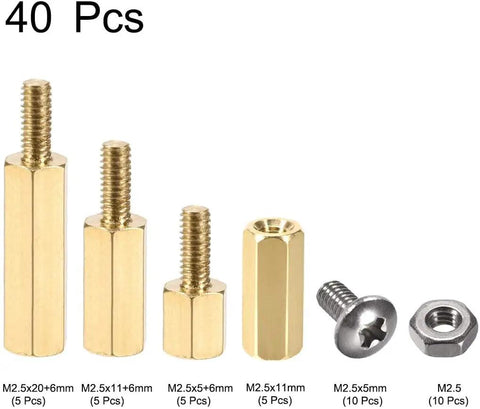 M2.5 Brass Hex Spacer Kit For PCB And FPV Drone Quadcopter Assemblies Pro Grade Male Female Hardware Spacers Brass Mounting Nuts And Screws Corrosion Resistant For Computer And Circuit Board Spacing 40 Pieces, 40 pcs M2.5 brass hex spacers with screws and nuts