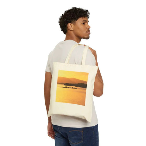 Outrigger Canoe Sunset Molokai Hawaii Cotton Canvas Tote Bag For Everyday Errands And Shopping with 20 inch handles on shoulder