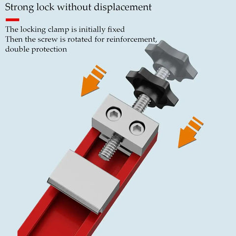 Close-up of dual locking clamp mechanism on adjustable cutting ruler for 4 to 6 inch saw marble tile cutter with aluminum alloy base guide.
