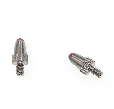Front and side views of two ruby-tipped M2.5 threaded contact points for dial indicators, metal body, Amazon brand