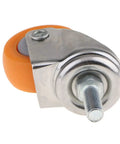 Universal Heavy Duty Swivel Furniture Casters With Non Marking Polyurethane Trolley Wheels That Roll Slick And Glide Like Butter On Platform Chairs And Office Seating Replacements close-up showing orange wheel and metal attachment.