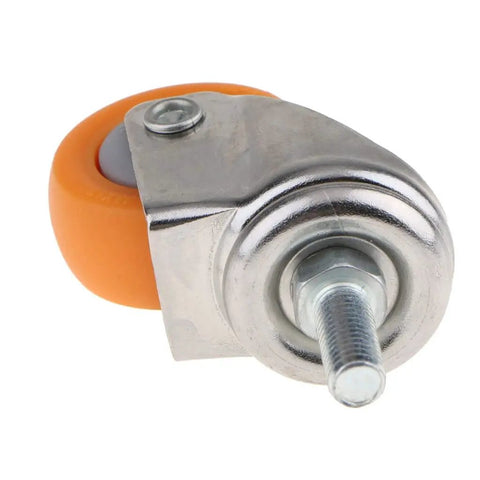 Universal Heavy Duty Swivel Furniture Casters With Non Marking Polyurethane Trolley Wheels That Roll Slick And Glide Like Butter On Platform Chairs And Office Seating Replacements close-up showing orange wheel and metal attachment.