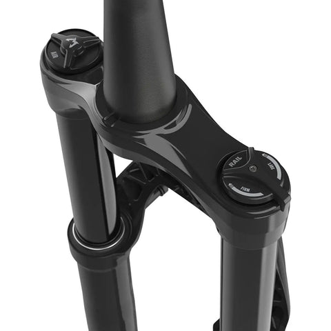 Close-up of Z2 29 Inch Trail Fork With Float Evol Air Spring 140 Mm Travel Tapered Steerer top view, showing damper controls