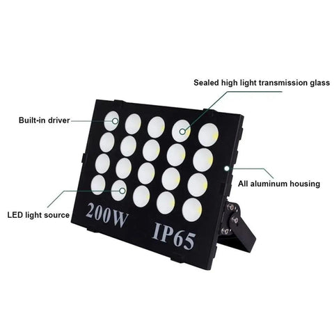 Badass 300W LED Flood Light With Rock Solid IP65 Waterproof Shell And Beefy Adjustable Bracket For Yard Backyard Garden Landscape Courtyard Driveway, showing aluminum housing and LED layout.