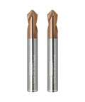 Two copper-tipped chamfer end mills with silver shanks, front view.